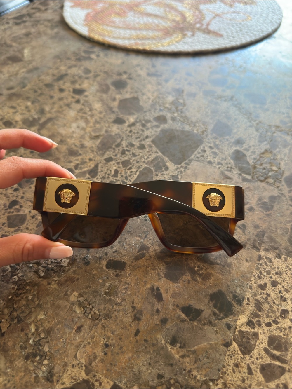 Versace-Inspired Tortoiseshell Rectangular Sunglasses with Gold Medallion